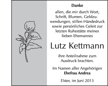Traueranzeige von Lutz Kettmann von WVG - Wochenspiegel Wittenberg