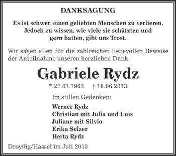 Traueranzeige von Gabriele Rydz von Super Sonntag Zeitz