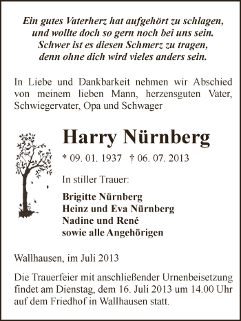 Traueranzeige von Harry Nürnberg von Super Sonntag SGH Mansf. Land