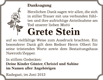 Traueranzeige von Grete Stein von WVG - Wochenspiegel Bitterfeld