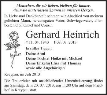 Traueranzeige von Gerhard Heinrich von Super Sonntag Merseburg