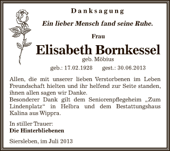 Traueranzeige von Elisabeth Bornkessel von Wochenspiegel Mansfelder Land