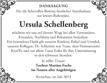 Traueranzeige von Ursula Schellenberg von Super Sonntag Merseburg