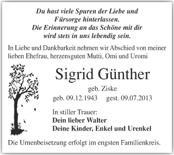 Traueranzeige von Sigrid Günther von Super Sonntag Merseburg
