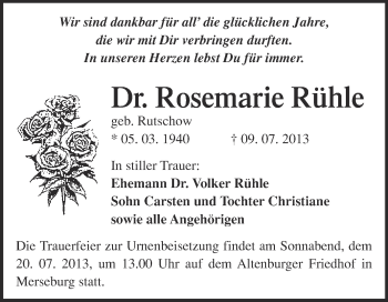 Traueranzeige von Rosemarie Rühle von Super Sonntag Merseburg