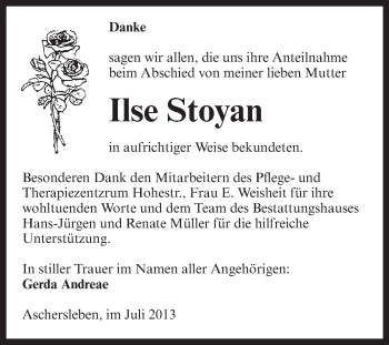 Traueranzeige von Ilse Stoyan von Super Sonntag Aschersleben