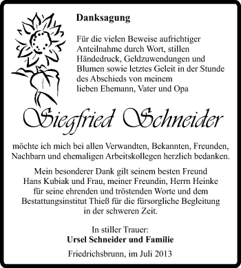 Traueranzeige von Siegfried Schneider von Super Sonntag Quedlinburg