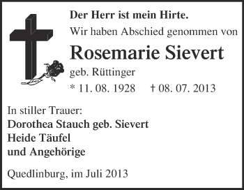 Traueranzeige von Rosemarie Sievert von WVG - Wochenspiegel Quedlinburg