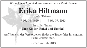 Traueranzeige von Erika Hiltmann von WVG - Wochenspiegel Quedlinburg