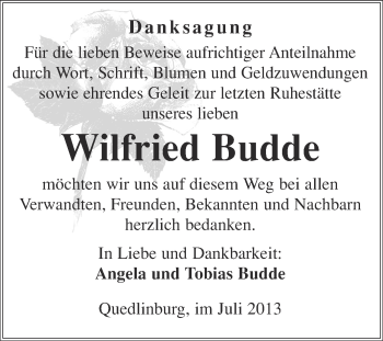 Traueranzeige von Wilfried Budde von WVG - Wochenspiegel Quedlinburg