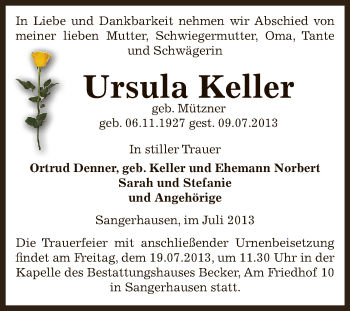 Traueranzeige von Ursula Keller von Super Sonntag SGH Mansf. Land