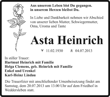 Traueranzeige von Asta Heinrich von Super Sonntag Quedlinburg