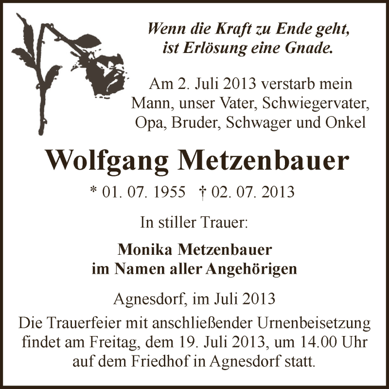  Traueranzeige für Wolfgang Metzenbauer vom 17.07.2013 aus WVG - Wochenspiegel SGH