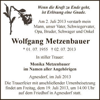 Traueranzeige von Wolfgang Metzenbauer von WVG - Wochenspiegel SGH