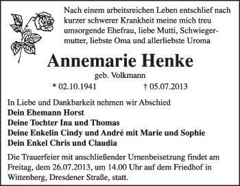 Traueranzeige von Annemarie Henke von Super Sonntag Wittenberg