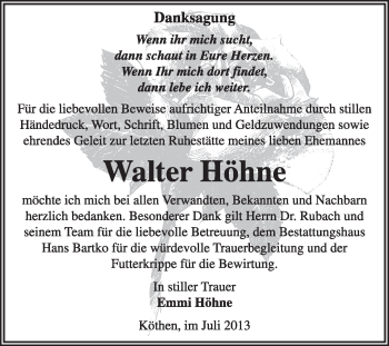 Traueranzeige von Walter Höhne von Super Sonntag Dessau / Köthen