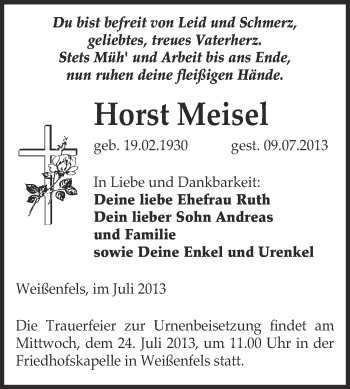 Traueranzeige von Horst Meisel von Super Sonntag Merseburg
