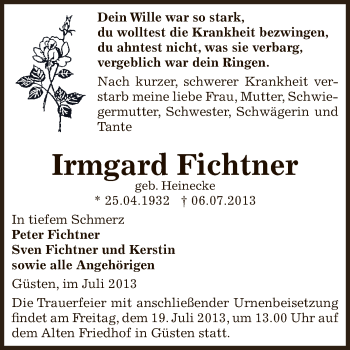 Traueranzeige von Irmgard Fichtner von Super Sonntag Bernburg