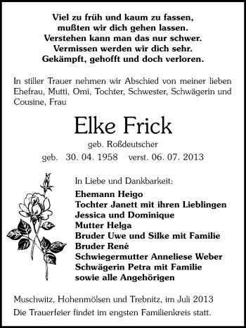 Traueranzeige von Elke Frick von WVG - Wochenspiegel NMB / WSF / ZTZ