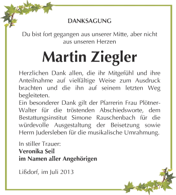 Traueranzeige von Martin Ziegler von WVG - Wochenspiegel NMB / WSF / ZTZ
