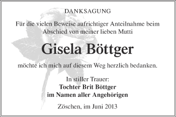 Traueranzeige von Gisela Böttger von Super Sonntag Merseburg