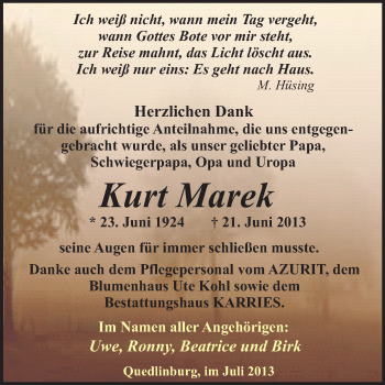 Traueranzeige von Kurt Marek von WVG - Wochenspiegel Quedlinburg