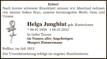 Traueranzeige von Helga Jungblut von WVG - Wochenspiegel Dessau / Köthen