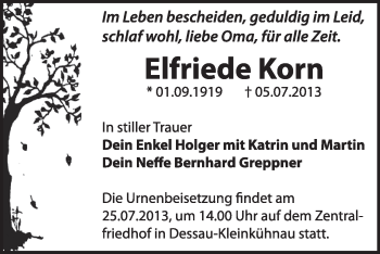 Traueranzeige von Elfriede Korn von Super Sonntag Dessau / Köthen