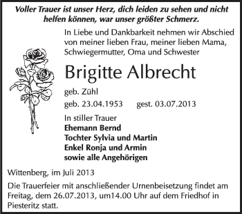 Traueranzeige von Brigitte Albrecht von WVG - Wochenspiegel Wittenberg