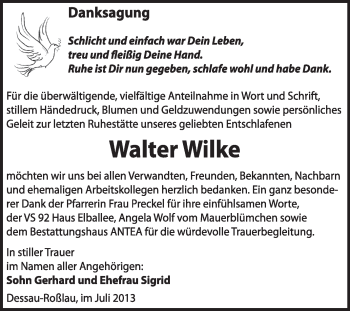 Traueranzeige von Walter Wilke von Super Sonntag Dessau / Köthen