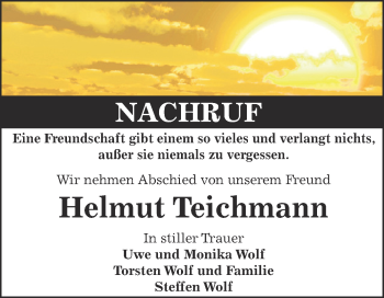 Traueranzeige von Helmut Teichmann von Super Sonntag Bernburg