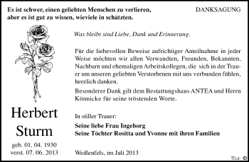 Traueranzeige von Herbert Sturm von WVG - Wochenspiegel NMB / WSF / ZTZ