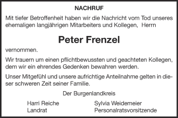 Traueranzeige von Peter Frenzel von WVG - Wochenspiegel NMB / WSF / ZTZ