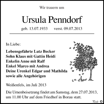 Traueranzeige von Ursula Penndorf von WVG - Wochenspiegel NMB / WSF / ZTZ