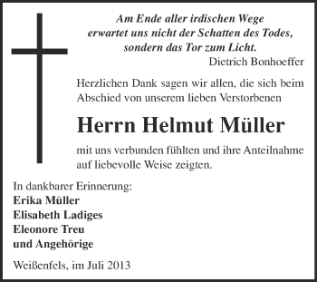 Traueranzeige von Helmut Müller von WVG - Wochenspiegel NMB / WSF / ZTZ