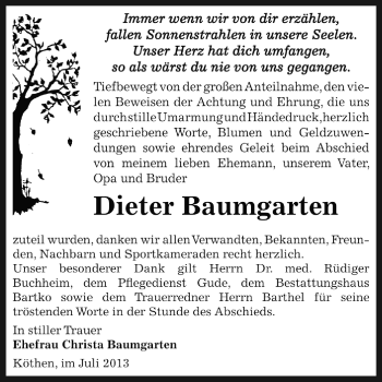 Traueranzeige von Dieter Baumgarten von WVG - Wochenspiegel Dessau / Köthen
