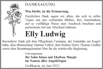 Traueranzeige von Elly Ludwig von Super Sonntag Merseburg
