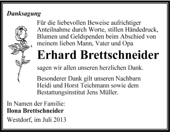 Traueranzeige von Erhard Brettschneider von WVG - Wochenspiegel Aschersleben