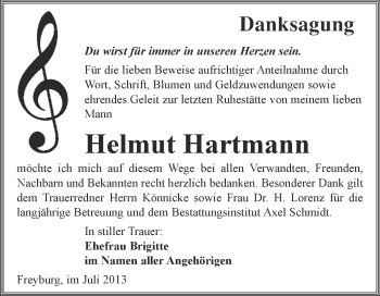 Traueranzeige von Helmut Hartmann von WVG - Wochenspiegel NMB / WSF / ZTZ