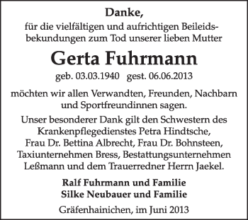Traueranzeige von Gerta Fuhrmann von Super Sonntag Wittenberg