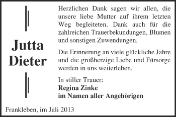 Traueranzeige von Jutta Dieter von WVG - Wochenspiegel Merseburg