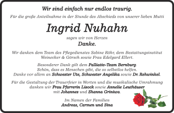 Traueranzeige von Ingrid Nuhahn von Super Sonntag Bernburg
