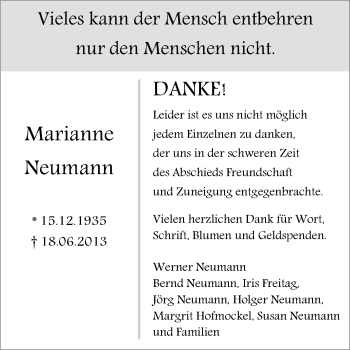 Traueranzeige von Marianne Neumann von WVG - Wochenspiegel NMB / WSF / ZTZ