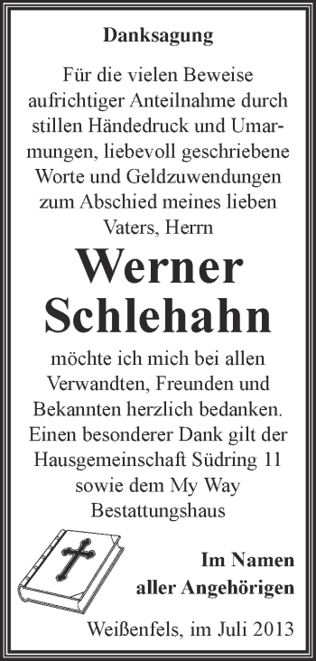 Traueranzeige von Werner Schlehahn von Super Sonntag Merseburg