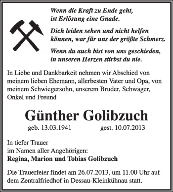 Traueranzeige von Günther Golibzuch von Super Sonntag Dessau / Köthen