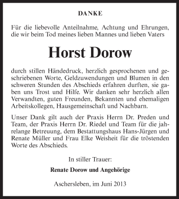 Traueranzeige von Horst Dorow von Super Sonntag Aschersleben
