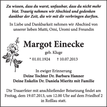 Traueranzeige von Margot Einecke von Super Sonntag Dessau / Köthen