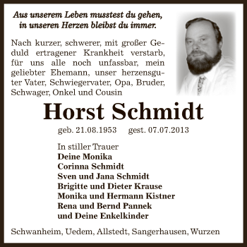 Traueranzeige von Horst Schmidt von Super Sonntag SGH Mansf. Land