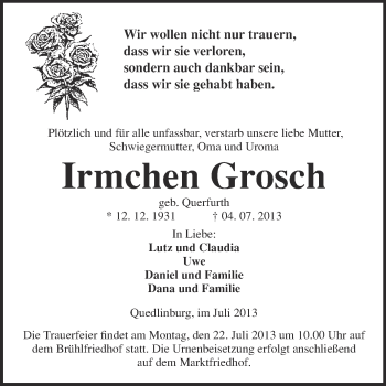 Traueranzeige von Irmchen Grosch von WVG - Wochenspiegel Quedlinburg