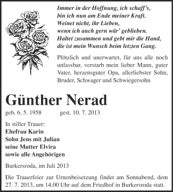 Traueranzeige von Günther Nerad von WVG - Wochenspiegel NMB / WSF / ZTZ